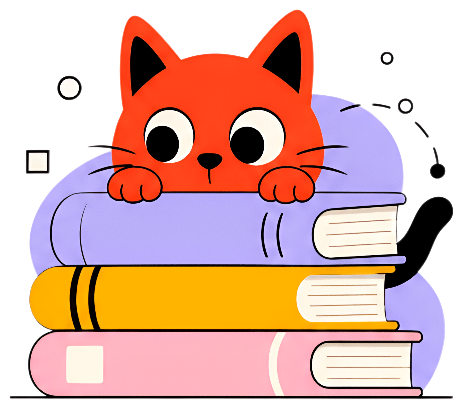 A playful red cat with large, expressive eyes is peering over a stack of colorful books in shades of pink, yellow, and purple. The cat's paws rest on the purple book, showcasing its curious nature in