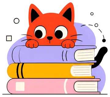 Curious red cat peeking over colorful books