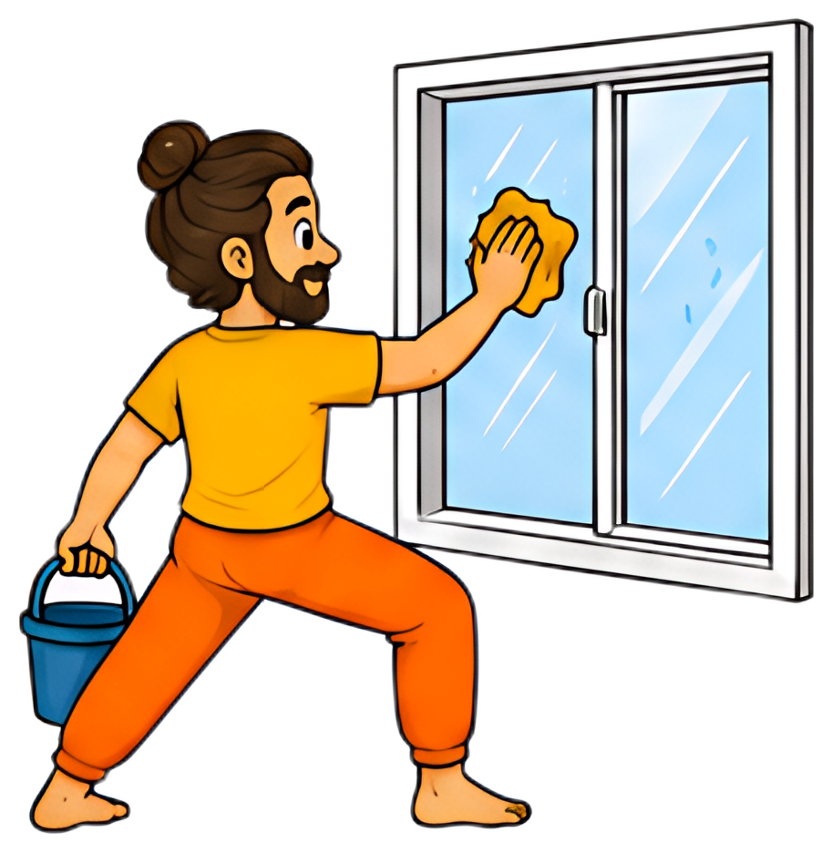 A yoga teacher in a mountain pose is cleaning a window with a sponge, holding a bucket in his other hand. He wears an orange pair of pants and a yellow shirt, capturing a bright and cheerful ambiance.