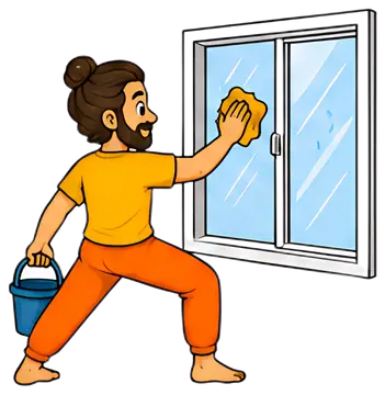 A yoga teacher in a mountain pose is cleaning a window with a sponge, holding a bucket in his other hand. He wears an orange pair of pants and a yellow shirt, capturing a bright and cheerful ambiance.