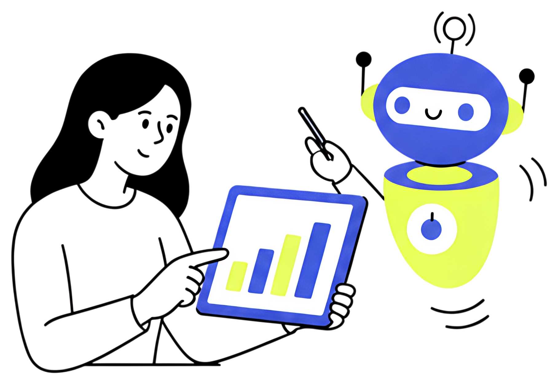 A cheerful AI assistant, designed in bright blue and yellow, gestures towards a tablet displaying a bar graph, while a person, illustrated in a simple line style, points at the chart. The interaction,
