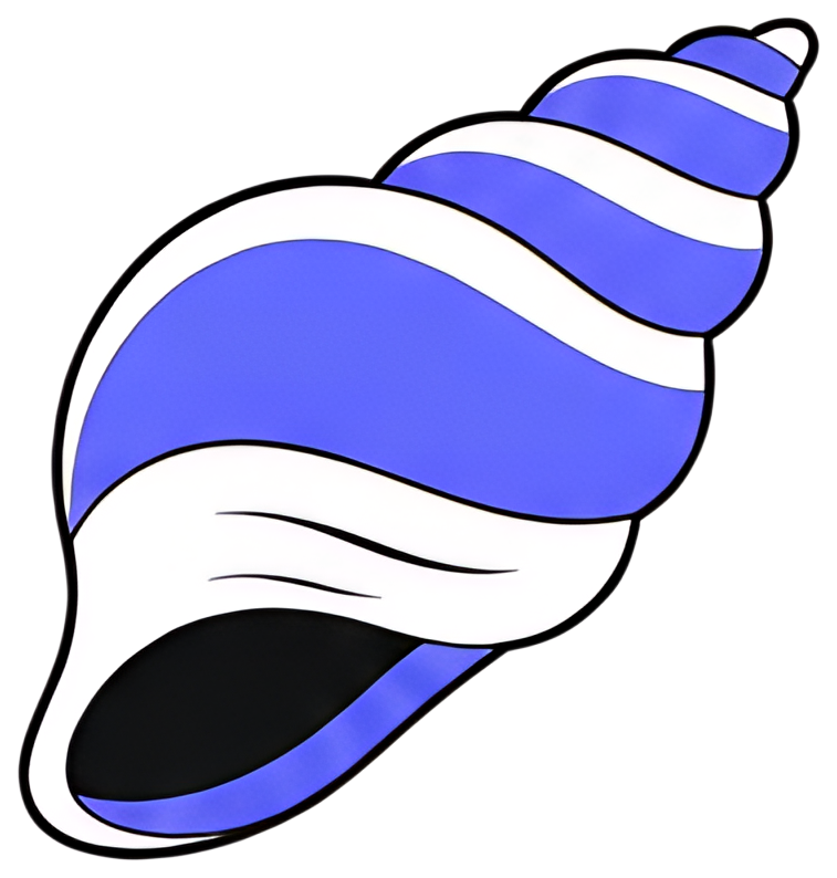 A stylized seashell icon featuring prominent spiral ridges, primarily in blue and white, with a smooth black inner edge. The design is minimalistic and set against a transparent background, perfect as