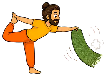A yoga teacher performs the bow pose while playfully shaking out a green yoga mat. He is wearing an orange bottom and a yellow top, showcasing a joyful and dynamic pose with a playful expression.