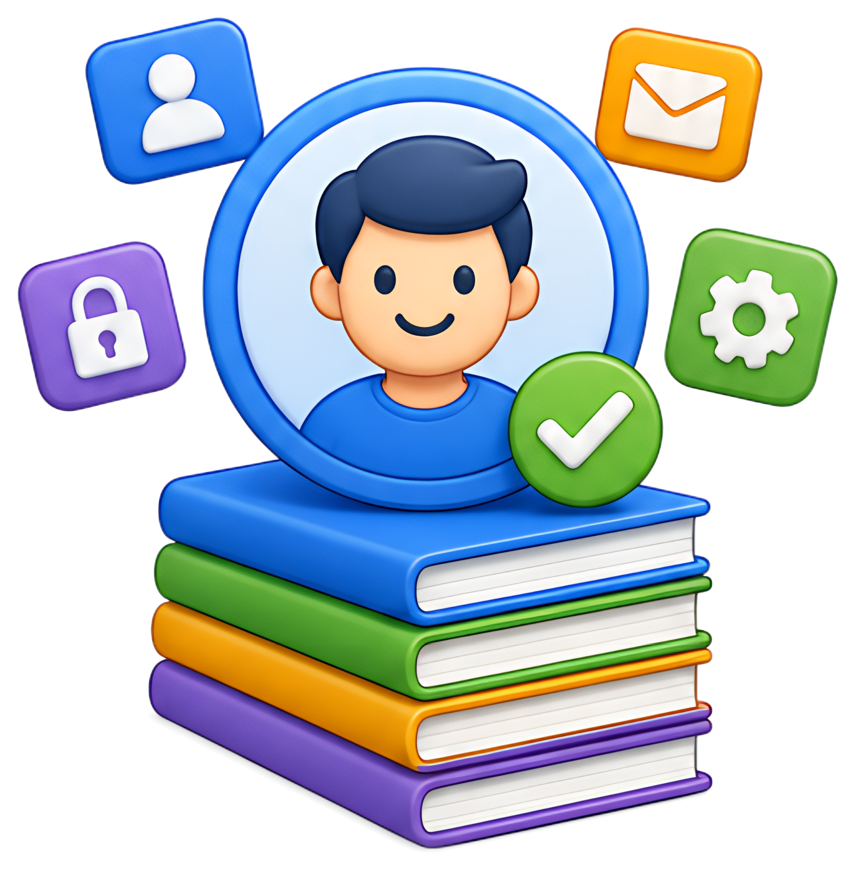 A friendly avatar surrounded by various icons, including a profile icon, a padlock, a settings gear, and an email symbol, all sitting atop a stack of colorful books. The avatar features a blue shirt, 