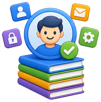A friendly avatar surrounded by various icons, including a profile icon, a padlock, a settings gear, and an email symbol, all sitting atop a stack of colorful books. The avatar features a blue shirt, 