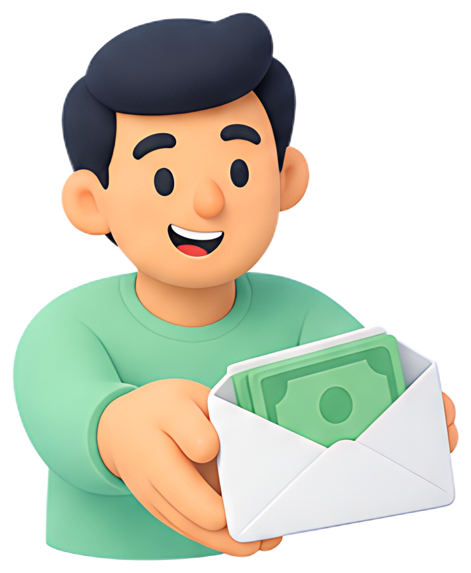 A cheerful character with short dark hair offers a white envelope containing cash. The character is wearing a light green sweater and has a friendly smile, showcasing a positive interaction. The scene