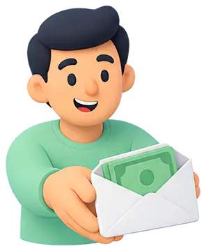 Smiling person handing over money in an envelope
