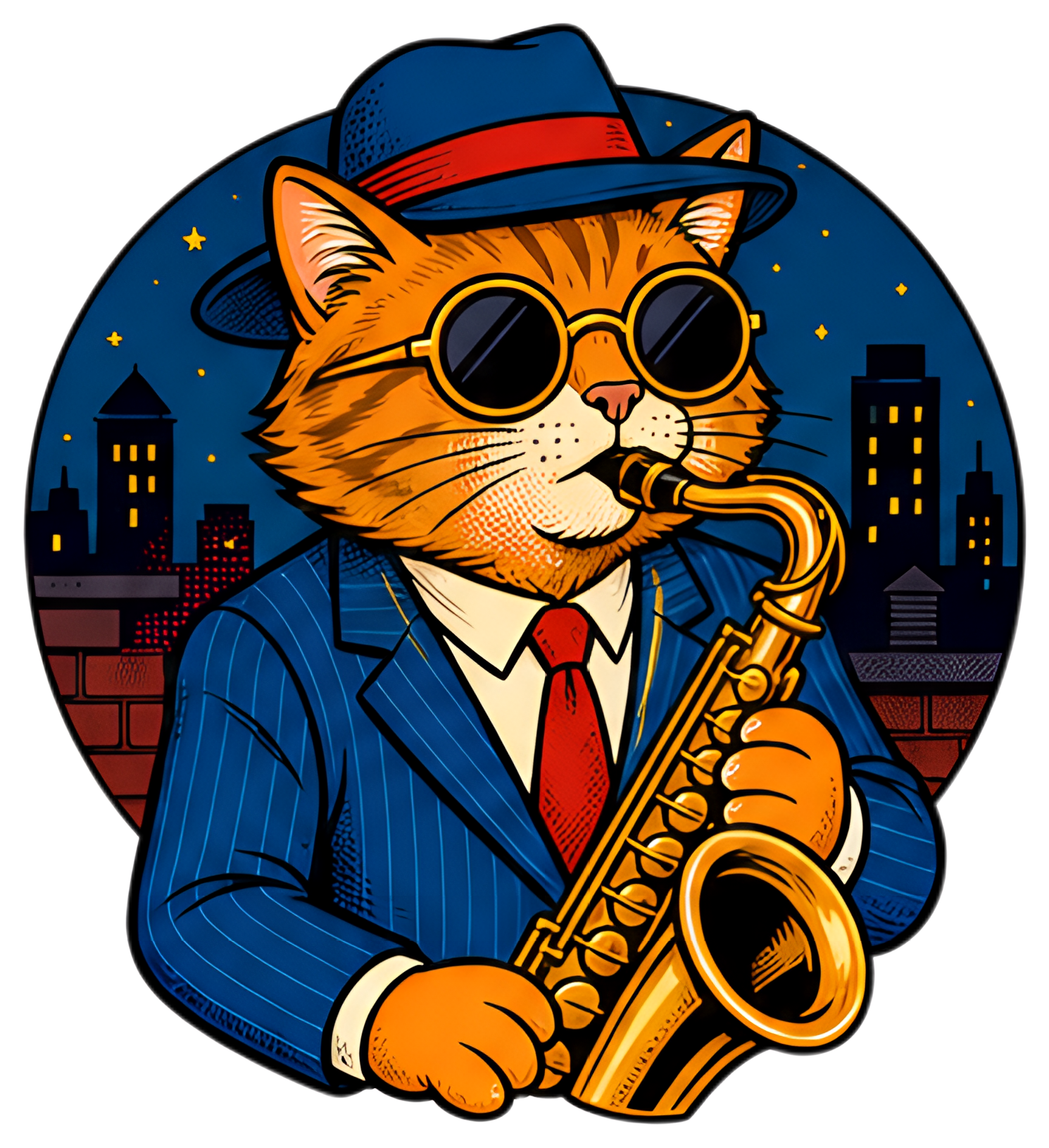 A stylish cat wearing a retro hat and round sunglasses plays a saxophone on a rooftop at night. The scene is illuminated by city lights, showcasing a vibrant color palette with a fancy suit and a jazZ