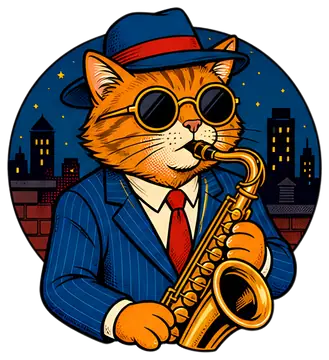 Cool cat in retro hat playing saxophone