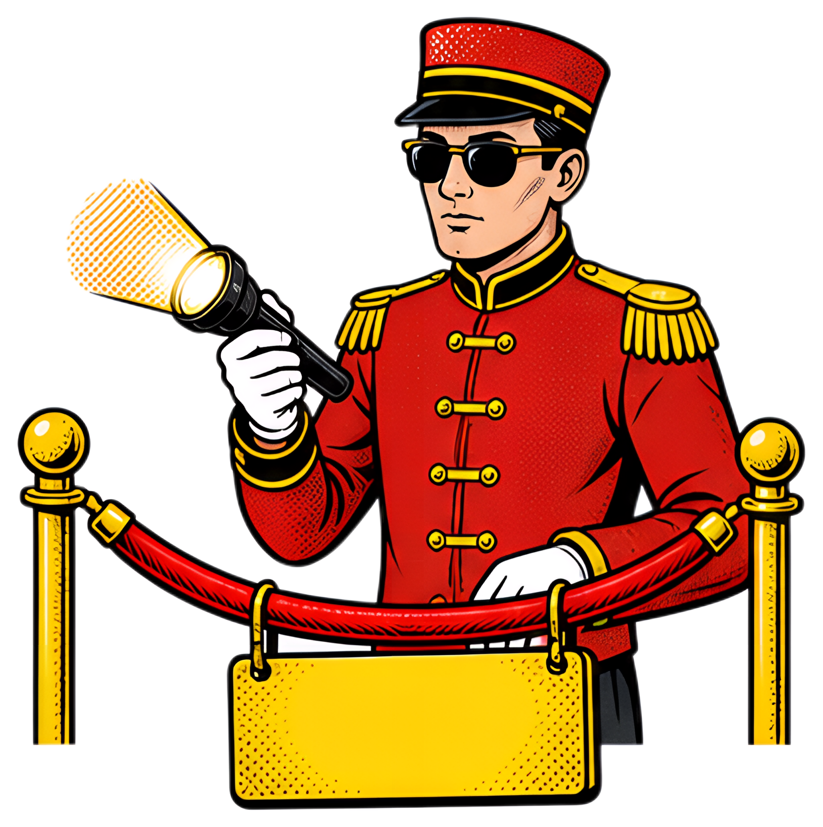 A retro-style ticket attendant wearing a red uniform and sunglasses holds a flashlight, standing beside a red velvet rope. The background is black, emphasizing the vibrant colors of the outfit and the