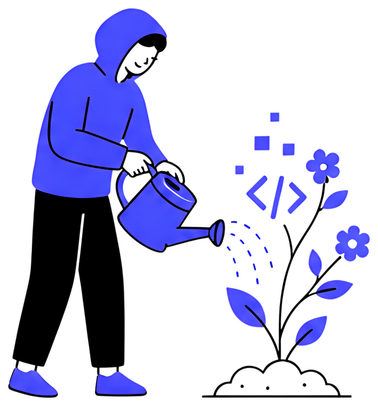 A developer in a blue hoodie is watering a seedling from which both code snippets and flowers are emerging. The watering can is pouring out droplets, and the scene features vibrant blues and greens, a