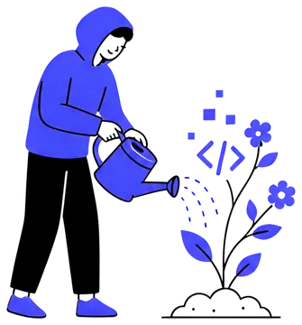 Developer Watering Seedling with Code and Flowers