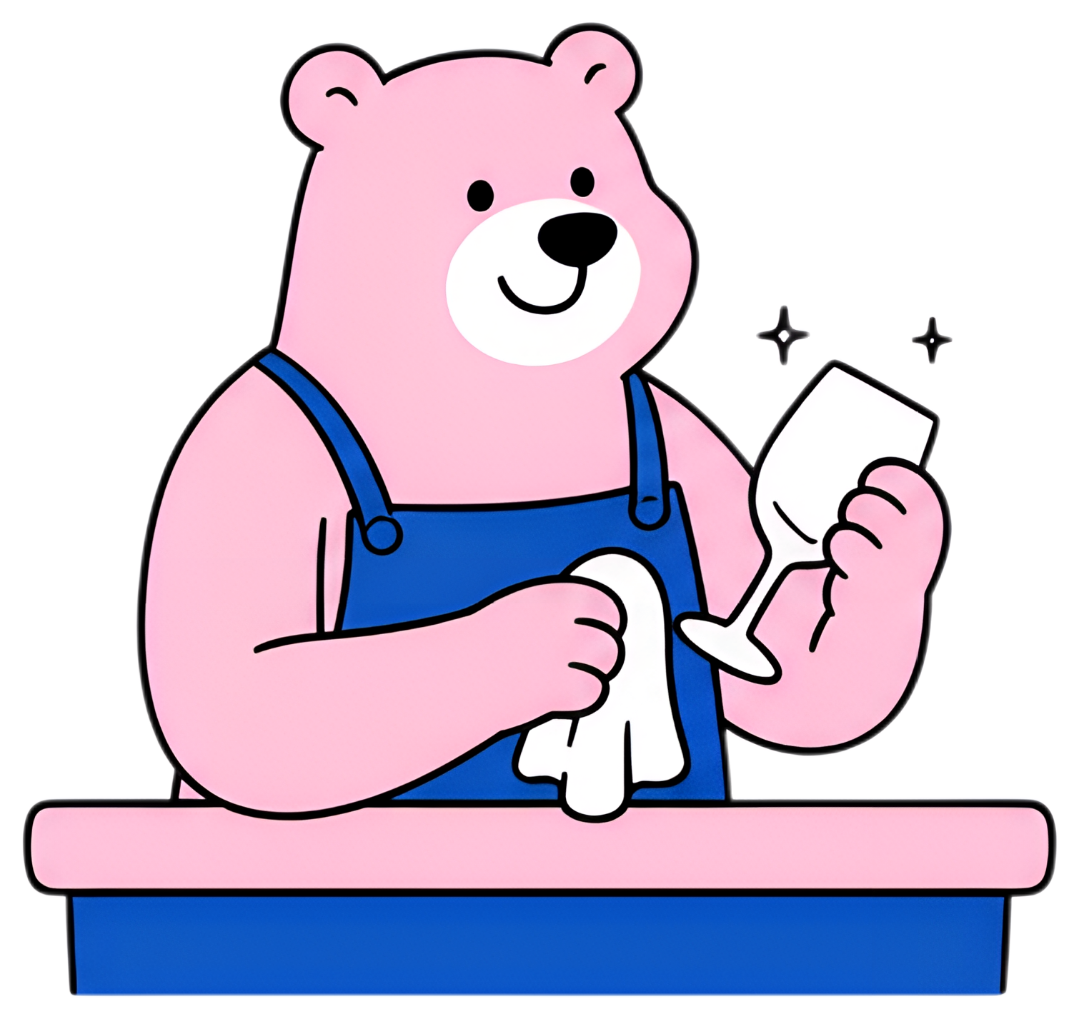 A cheerful pink bear wearing a blue bartender apron is polishing a glass with a white cloth behind a bar counter. The bear has a friendly expression and the scene features sparkling effects around the