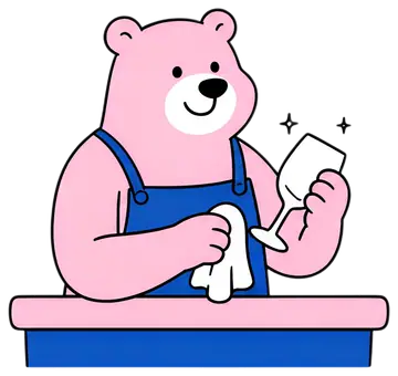 Pink bear bartender polishing a glass