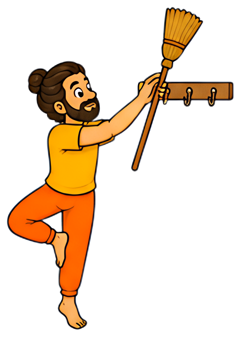 A yoga teacher dressed in orange pants and a yellow shirt stands in a tree pose, stretching one arm to grasp a broom. The scene captures a playful blend of yoga and cleaning, with a light-hearted and,