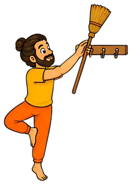 A yoga teacher dressed in orange pants and a yellow shirt stands in a tree pose, stretching one arm to grasp a broom. The scene captures a playful blend of yoga and cleaning, with a light-hearted and,
