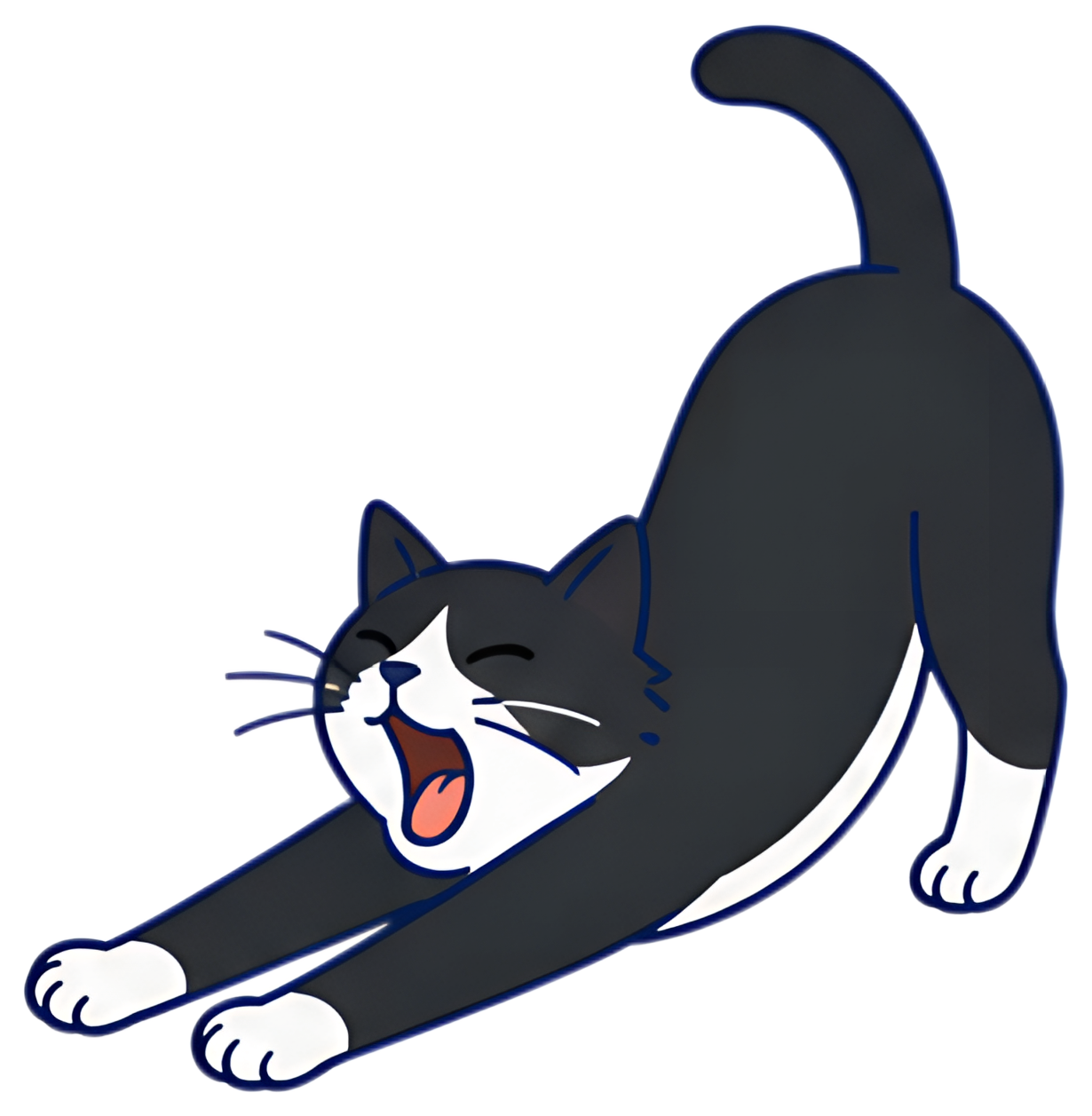 A playful tuxedo cat is stretching forward with its front paws extended and mouth open in a yawn, displaying a predominantly black coat with distinctive white markings. The character has a cheerful, z
