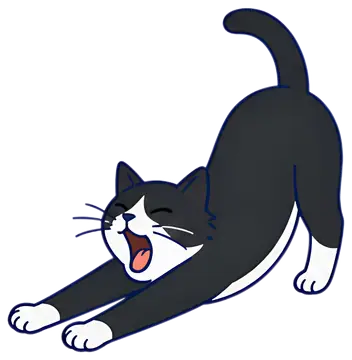 A playful tuxedo cat is stretching forward with its front paws extended and mouth open in a yawn, displaying a predominantly black coat with distinctive white markings. The character has a cheerful, z