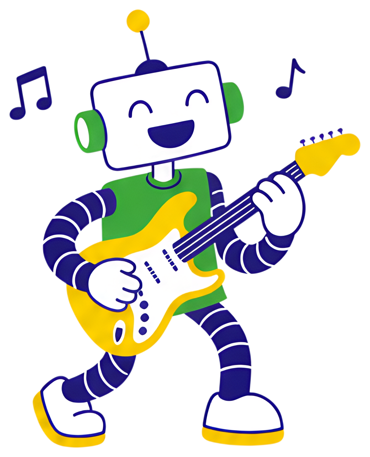 A cheerful robot with a square head and colorful body is energetically playing a tiny electric guitar, surrounded by floating musical notes. The robot features vibrant green and blue colors, with a be