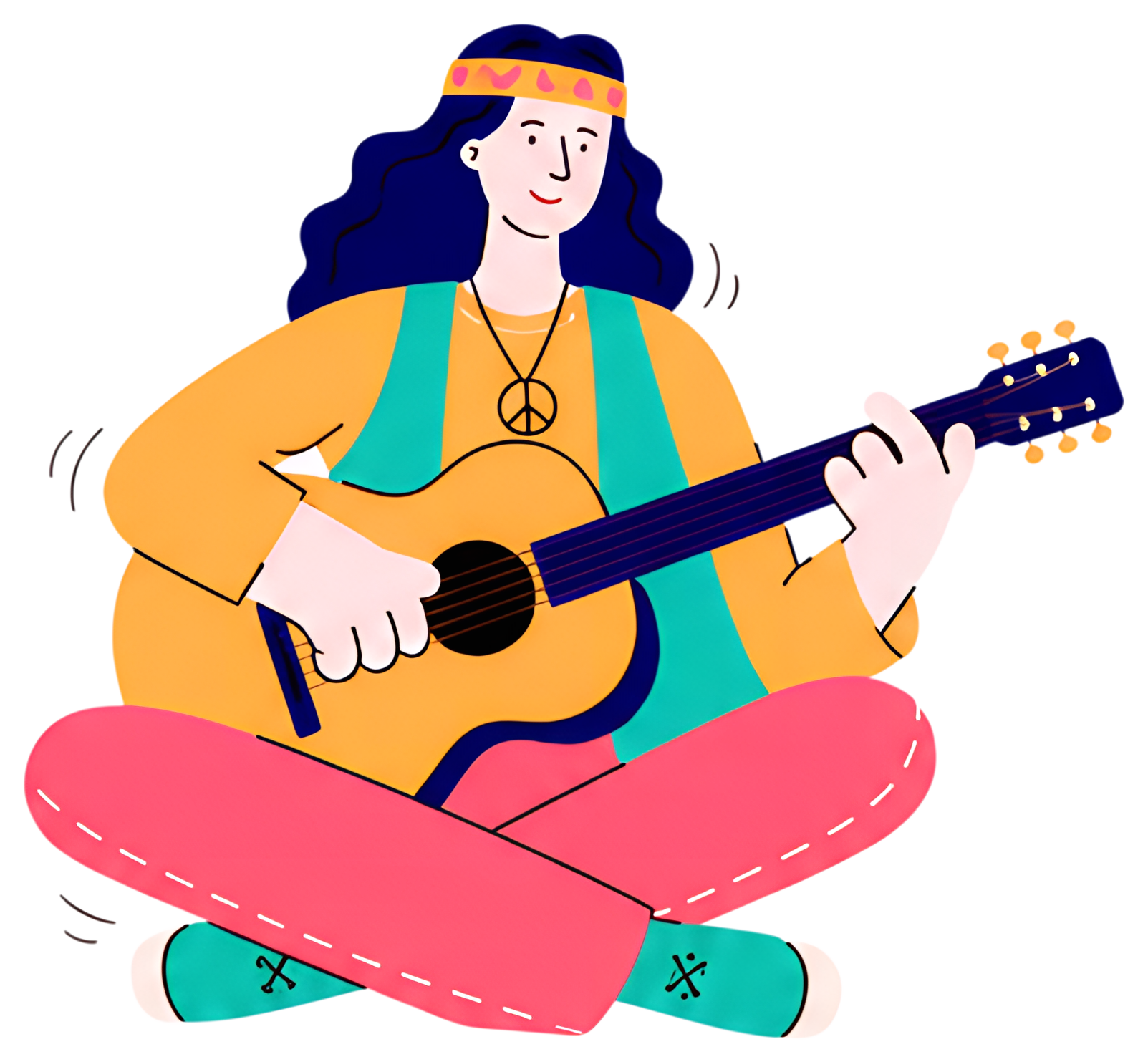 A smiling hippie character with long blue hair wearing a peace sign necklace and bright casual clothing, holding an acoustic guitar while sitting cross-legged. The vibrant colors and joyful expression