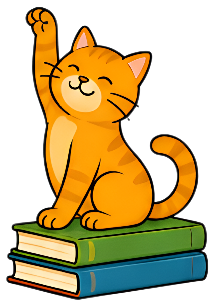 A cheerful orange cat sits atop a stack of green and blue books, stretching its paw up as if performing an exercise. The cat has a big smile on its face, exuding a playful and happy demeanor.