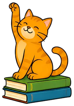 A cheerful orange cat sits atop a stack of green and blue books, stretching its paw up as if performing an exercise. The cat has a big smile on its face, exuding a playful and happy demeanor.