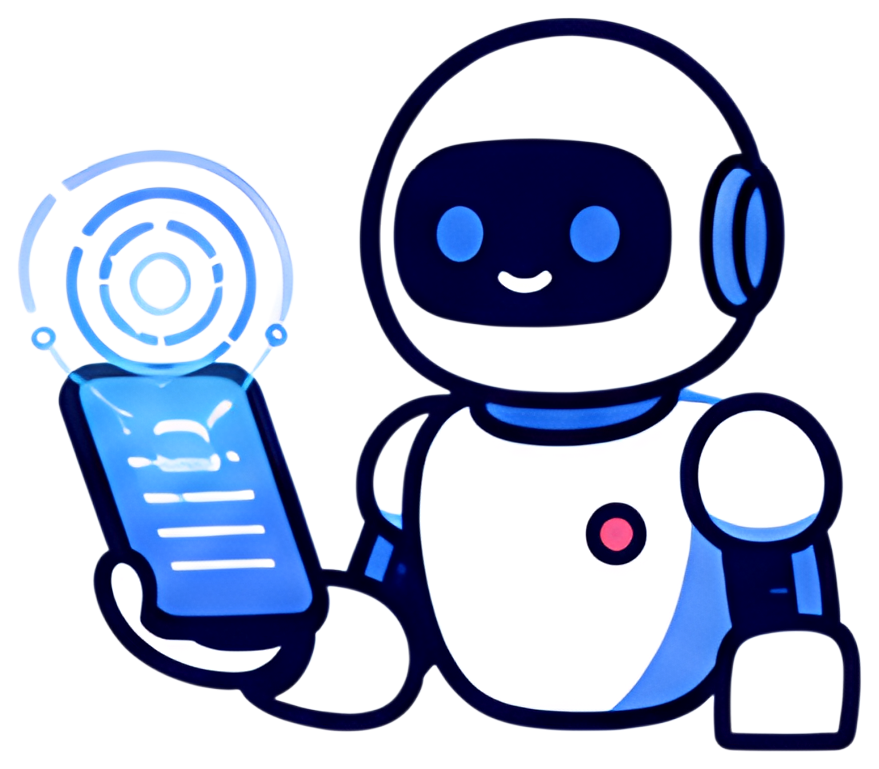 A cheerful robot character holds a glowing smartphone in one hand, featuring a holographic interface emanating from the device. The design incorporates soft blue tones with white accents, creating a现代