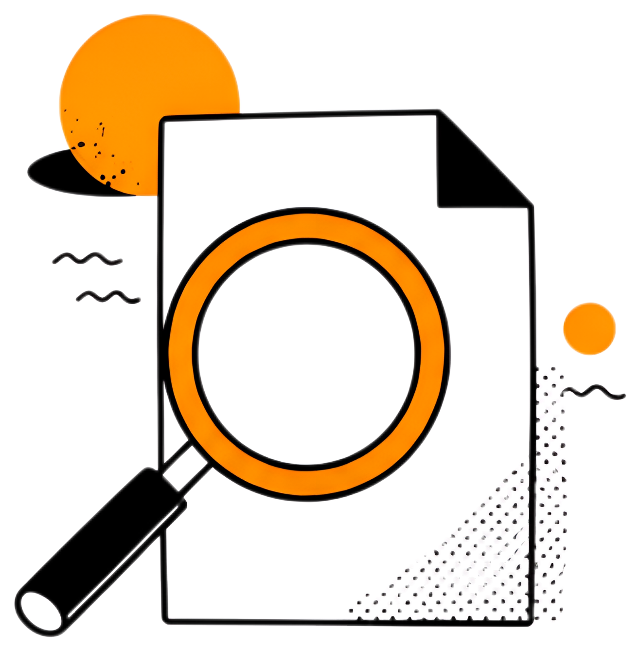 A magnifying glass is centered on a blank sheet of paper, with an orange sun in the background. The scene includes abstract wave patterns and a textured area on one side, adding depth to the minimal,探