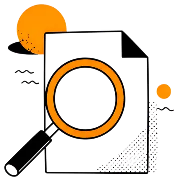 A magnifying glass is centered on a blank sheet of paper, with an orange sun in the background. The scene includes abstract wave patterns and a textured area on one side, adding depth to the minimal,探