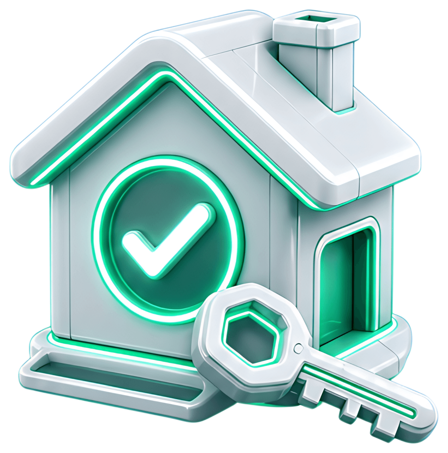 A stylized 3D house icon featuring a glowing white neon checkmark and a key, designed with a sleek white and teal color scheme. The house has a modern aesthetic with rounded edges and a transparent背景,