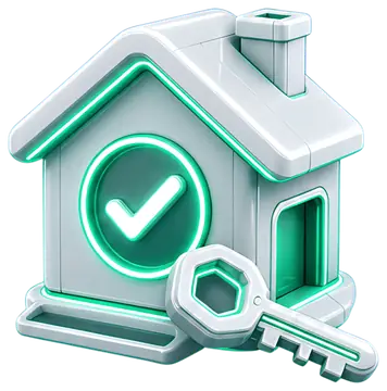 A stylized 3D house icon featuring a glowing white neon checkmark and a key, designed with a sleek white and teal color scheme. The house has a modern aesthetic with rounded edges and a transparent背景,