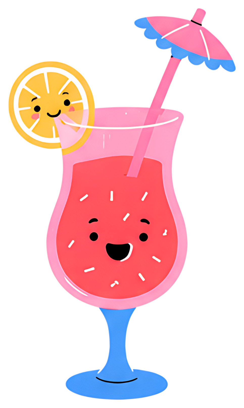 A whimsical cocktail glass filled with pink drink features a smiling lemon slice and a pink straw topped with a blue umbrella. The cheerful design is enhanced by playful sprinkles in the drink, set on