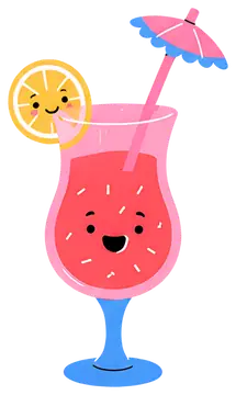 A whimsical cocktail glass filled with pink drink features a smiling lemon slice and a pink straw topped with a blue umbrella. The cheerful design is enhanced by playful sprinkles in the drink, set on