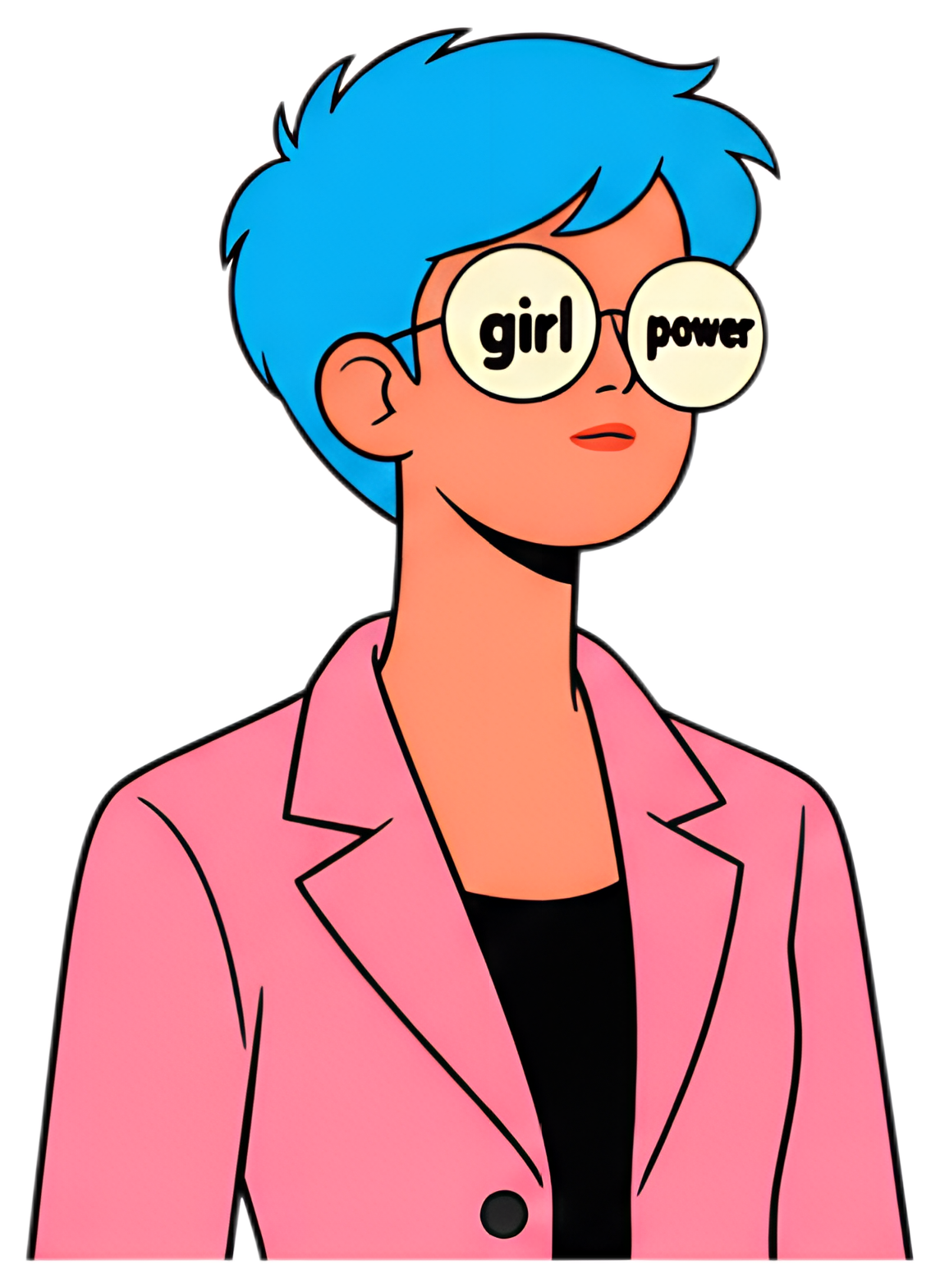 A stylish character with a pixie cut, wearing a pink blazer over a black top. The character has bright blue hair and oversized glasses that read 'girl power'. The illustration features bold, flat hues