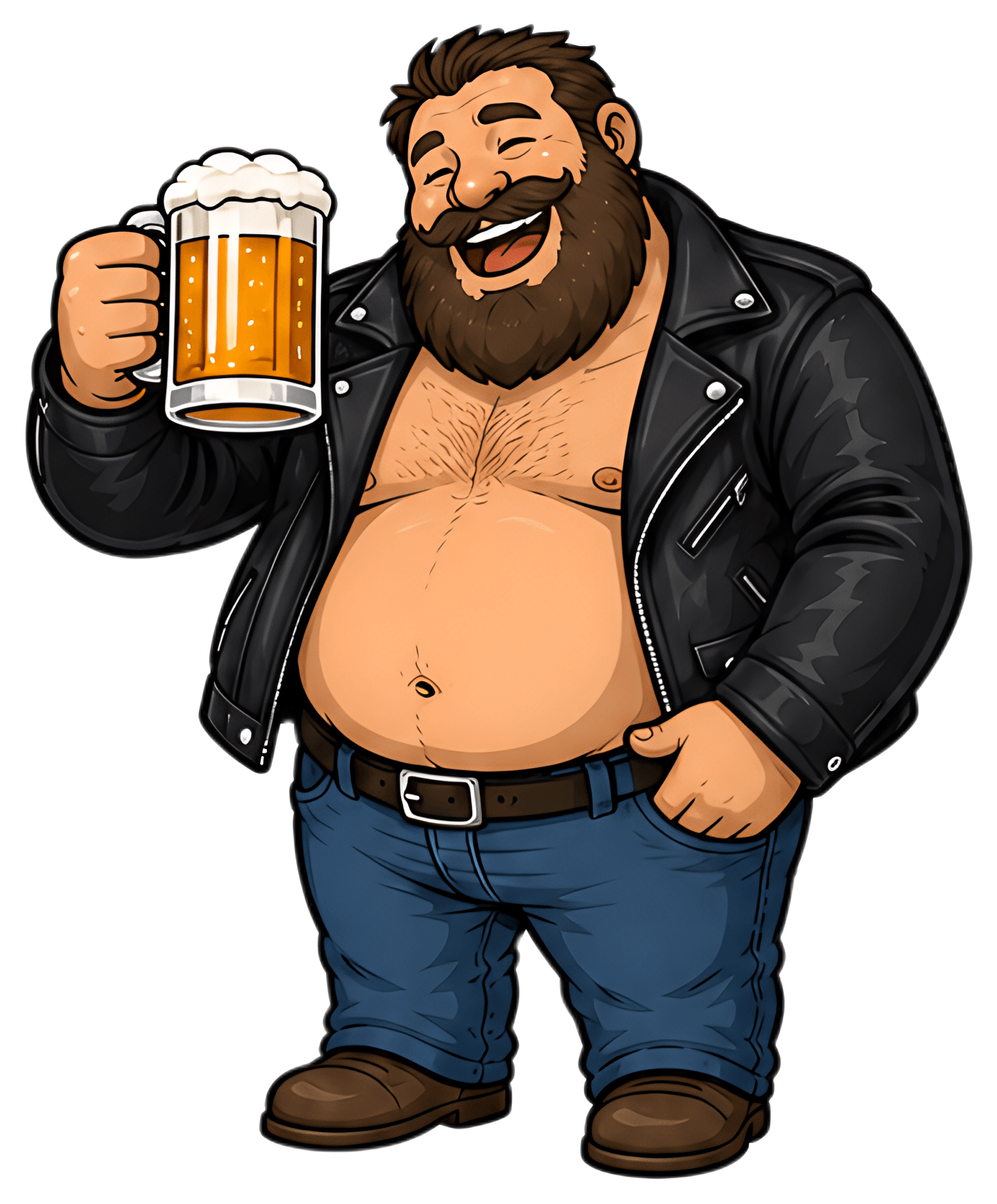 A jovial man with a thick beard and a wide grin holds a frothy pint of beer high, dressed in a black leather jacket and blue jeans. His body posture is relaxed and friendly, exuding a playful and fun-