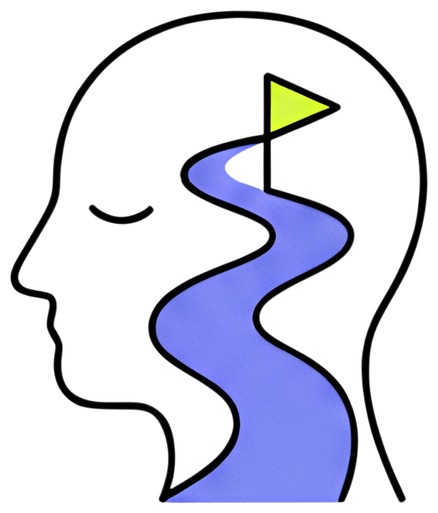 A silhouette of a head in profile features a winding path that leads upward from the mind, with a bright yellow flag at the peak, symbolizing a mental journey. The background is minimalistic, allowing