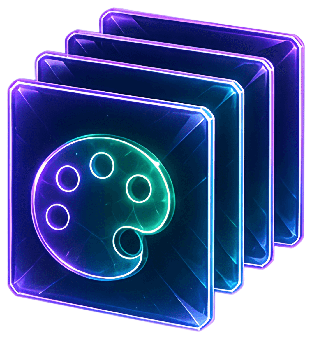 A vibrant icon featuring a stack of cards with neon edges, highlighting a painter's palette symbol in the center. The cards glow in shades of purple and blue, creating a striking visual effect.