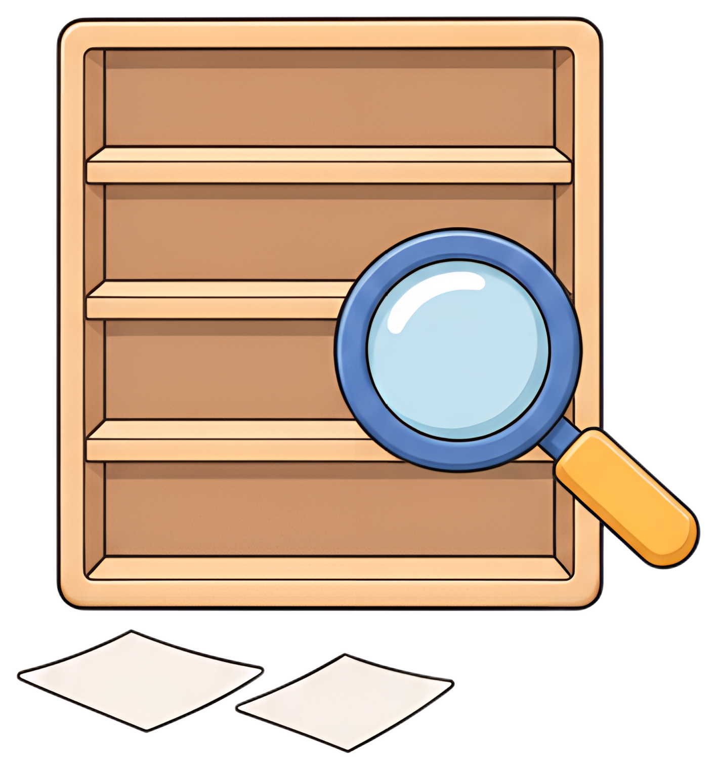 A magnifying glass is positioned prominently in front of an empty bookshelf with three shelves. On the floor, there are two scattered blank sheets of paper, creating a simple yet intriguing scene.