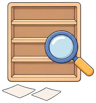 Magnifying glass on empty bookshelf