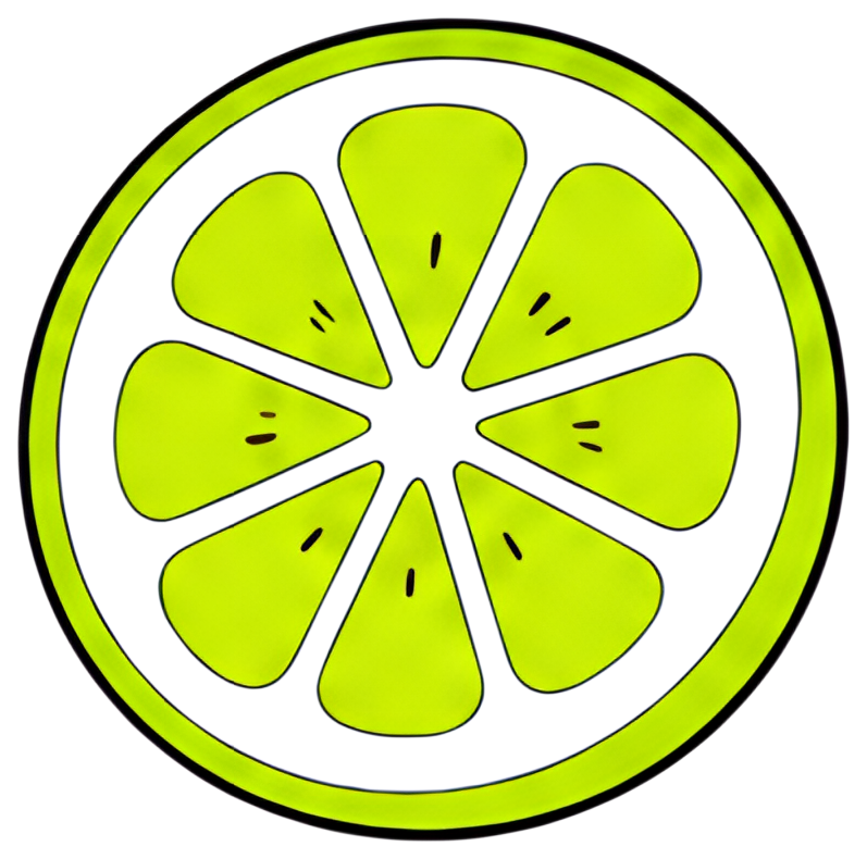 A bright yellow lemon slice with distinct white pith and segments, featuring bold outlines and a glossy finish in a vector style. The design is circular with pointed segments radiating from the center