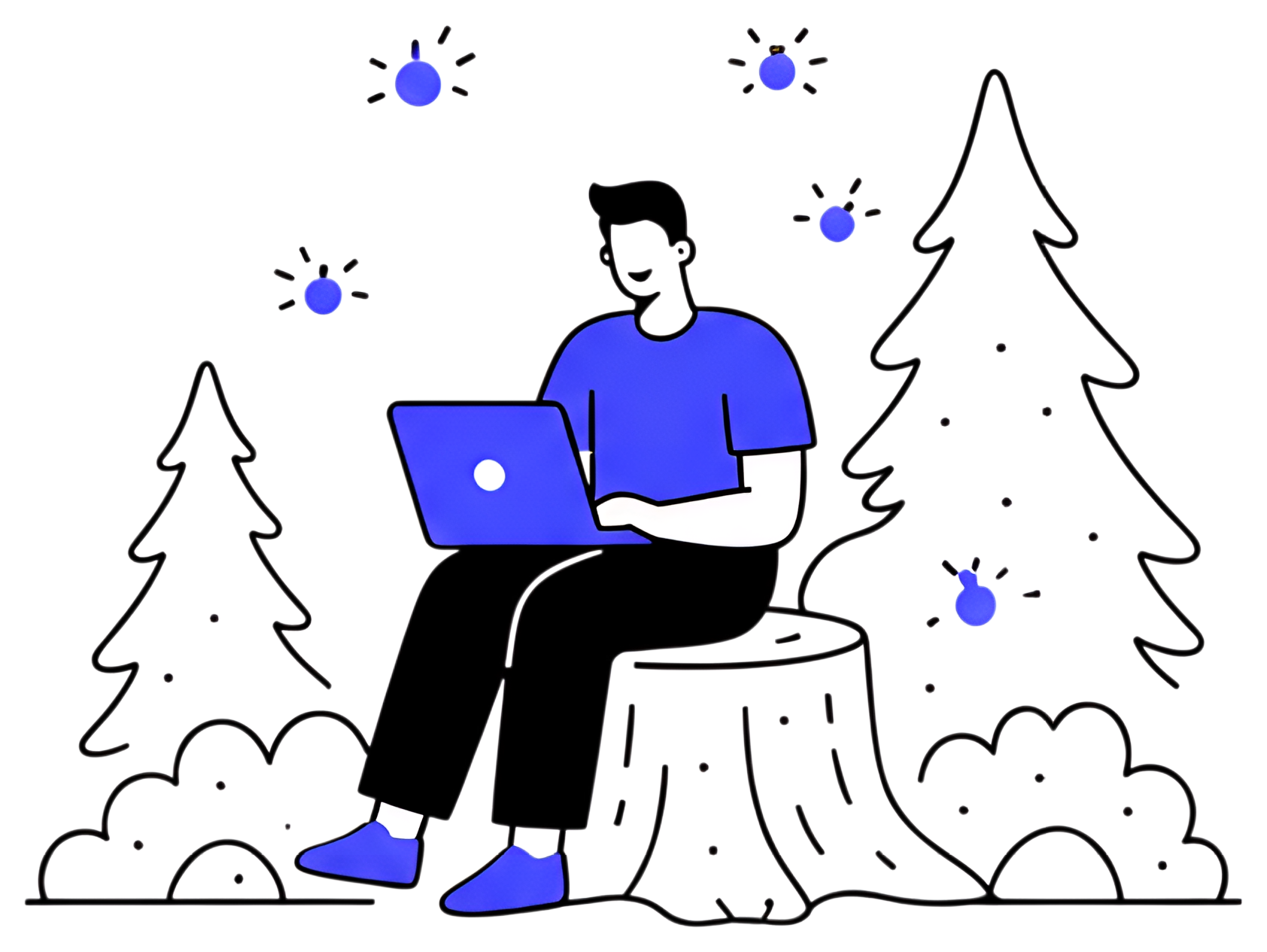 A programmer sits on a tree stump in a forest, working on a laptop. He is surrounded by glowing fireflies and tall tree silhouettes, featuring a modern color palette of blue and black.