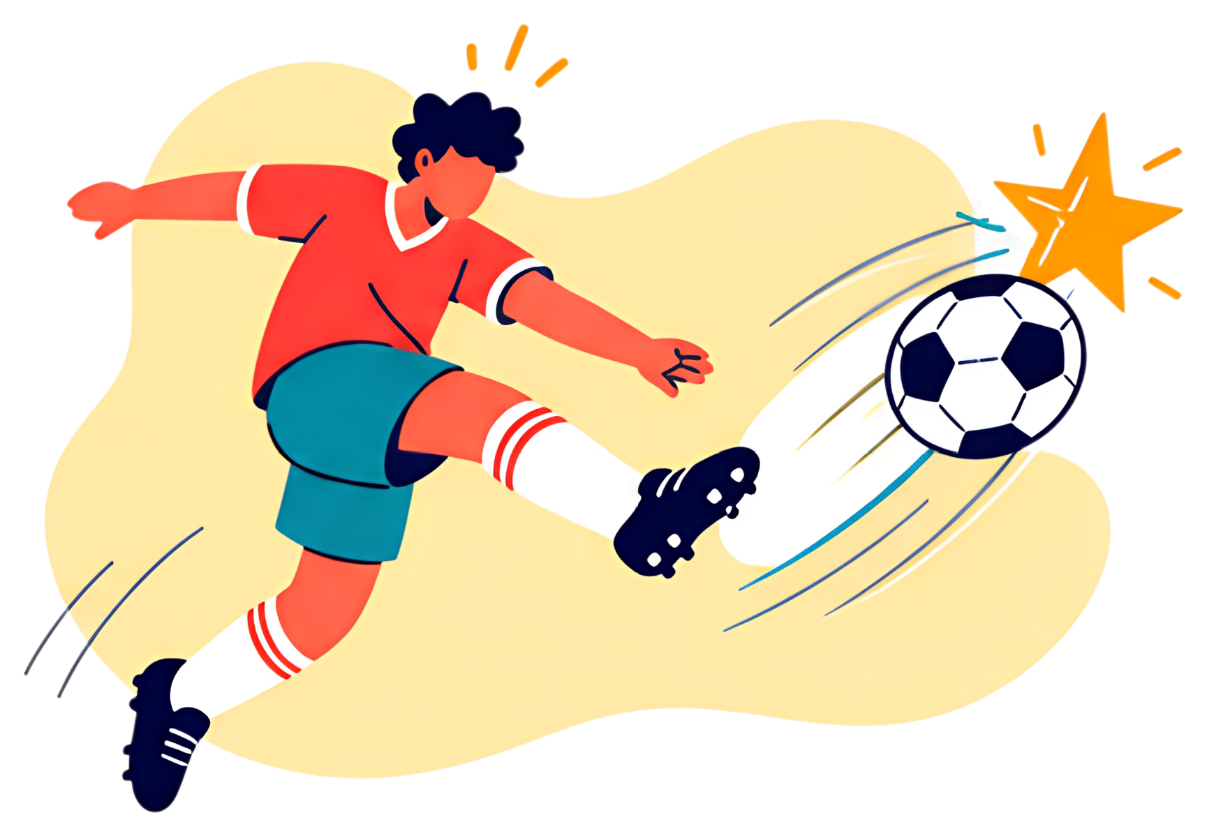 A dynamic soccer player in a red jersey and green shorts is kicking a soccer ball that morphs into a star. The action is highlighted by swirls around the ball and bright colors that enhance the motion
