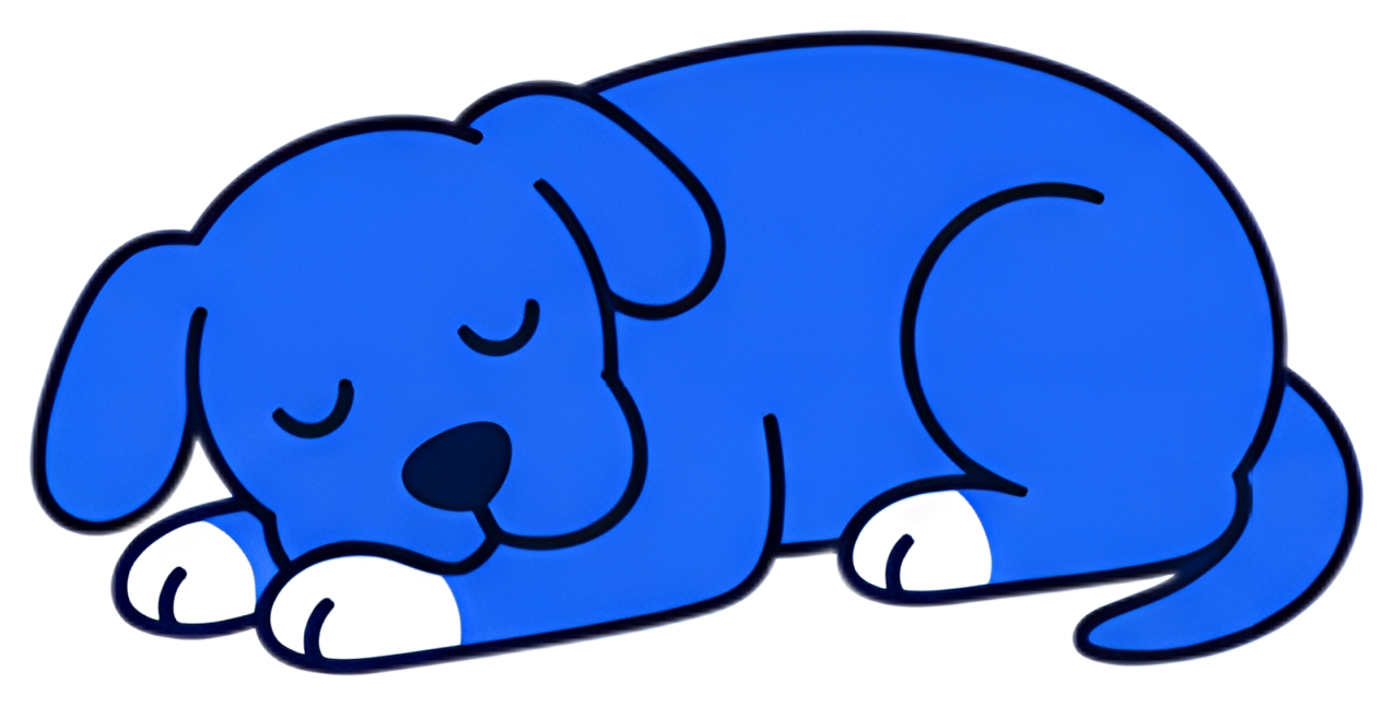 A cartoon-style blue dog is sleeping peacefully on its side, featuring distinct white paws and a small black nose. The character has closed eyes and a relaxed posture, accentuated by bold outlines.