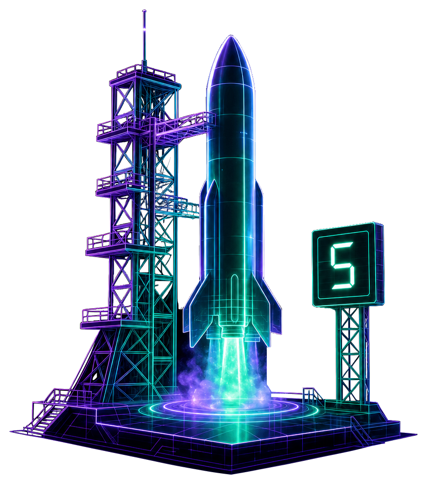 A futuristic rocket is poised on a launch pad, displaying a countdown timer showing '5'. The scene is illuminated in vibrant neon colors against a dark background, highlighting the sleek design of the