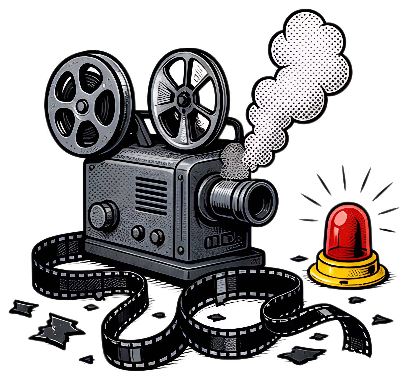 A vintage film projector emits smoke while a blinking red alarm light shines beside it. A broken film strip lies scattered on the floor, adding to the chaotic scene. The projector features large reels