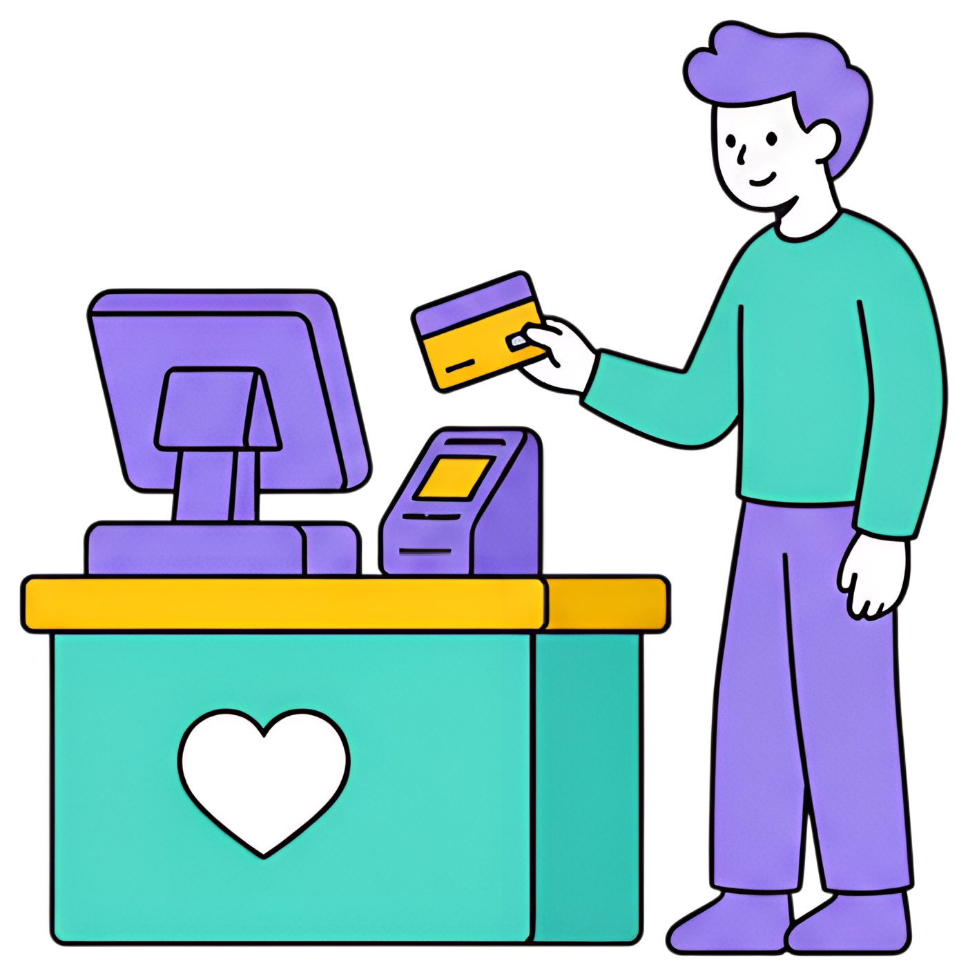 A person in a teal sweater and purple pants is standing at a cash register, holding a credit card in one hand. The register features a purple monitor and a card reader, with a heart design on the teal