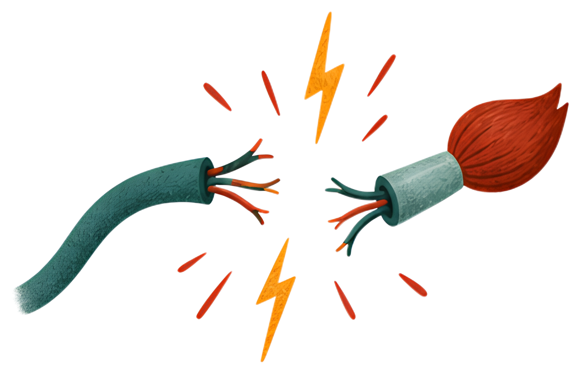 A broken wire with exposed colorful inner wires is depicted. Sparks and torn lines are illustrated emanating from the break, while one end resembles a paintbrush with red bristles, suggesting a lossof