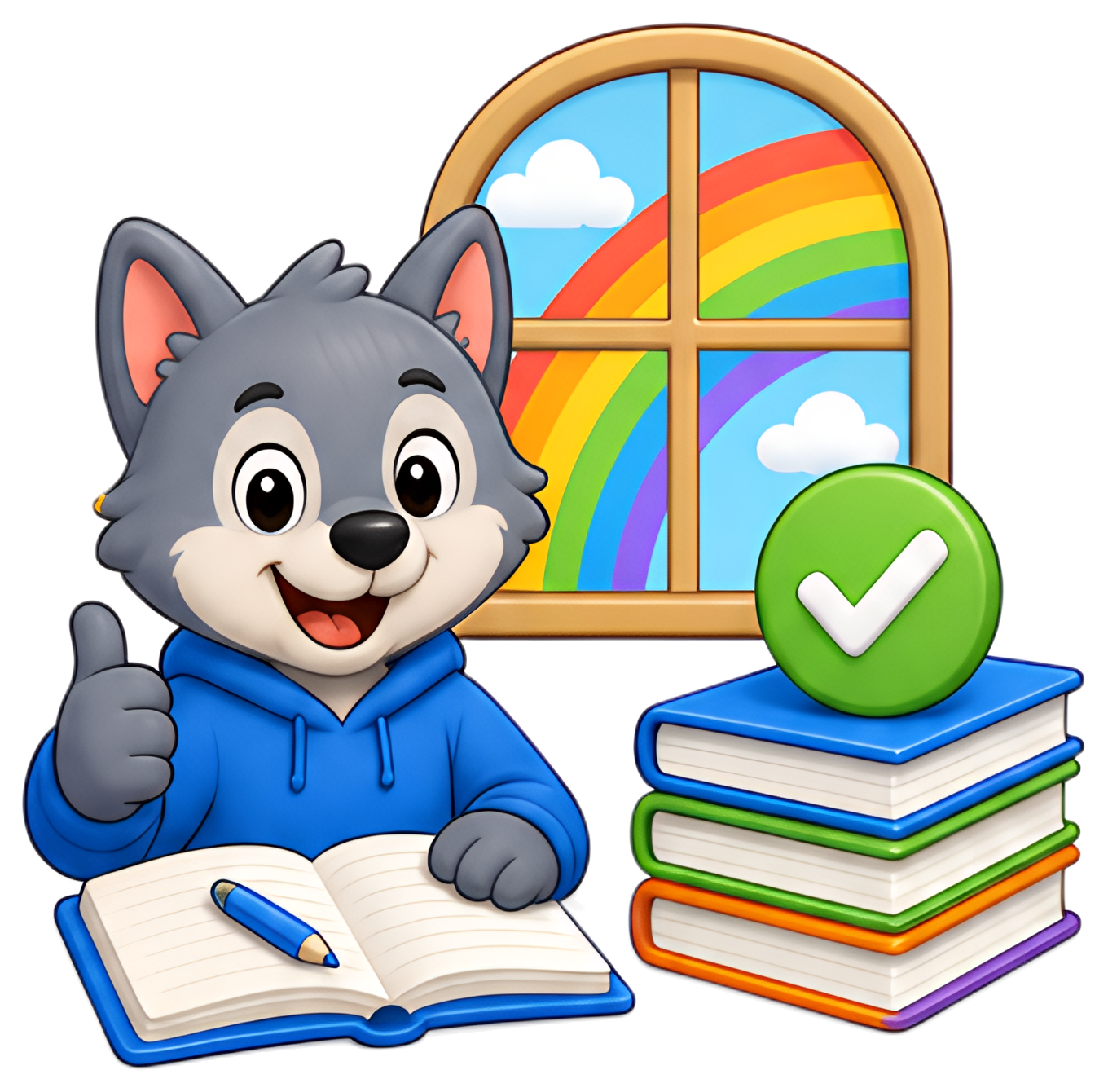 A joyful wolf character, wearing a blue hoodie, gives a thumbs up while sitting next to an open notebook and a stack of completed books. Behind, a window reveals a vibrant rainbow and fluffy clouds in