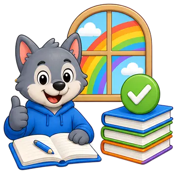 A joyful wolf character, wearing a blue hoodie, gives a thumbs up while sitting next to an open notebook and a stack of completed books. Behind, a window reveals a vibrant rainbow and fluffy clouds in