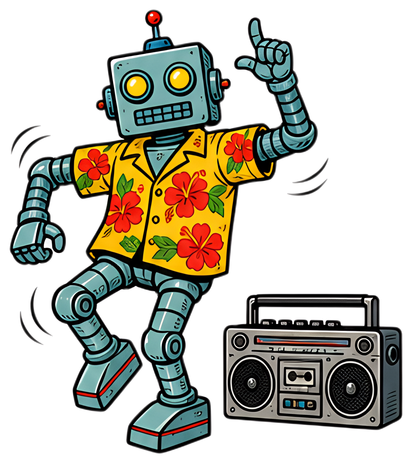 A whimsical robot dressed in a colorful Hawaiian shirt adorned with red flowers dances joyfully beside a vintage boombox. The robot has a shiny metallic body with bright yellow eyes, exuding a playful